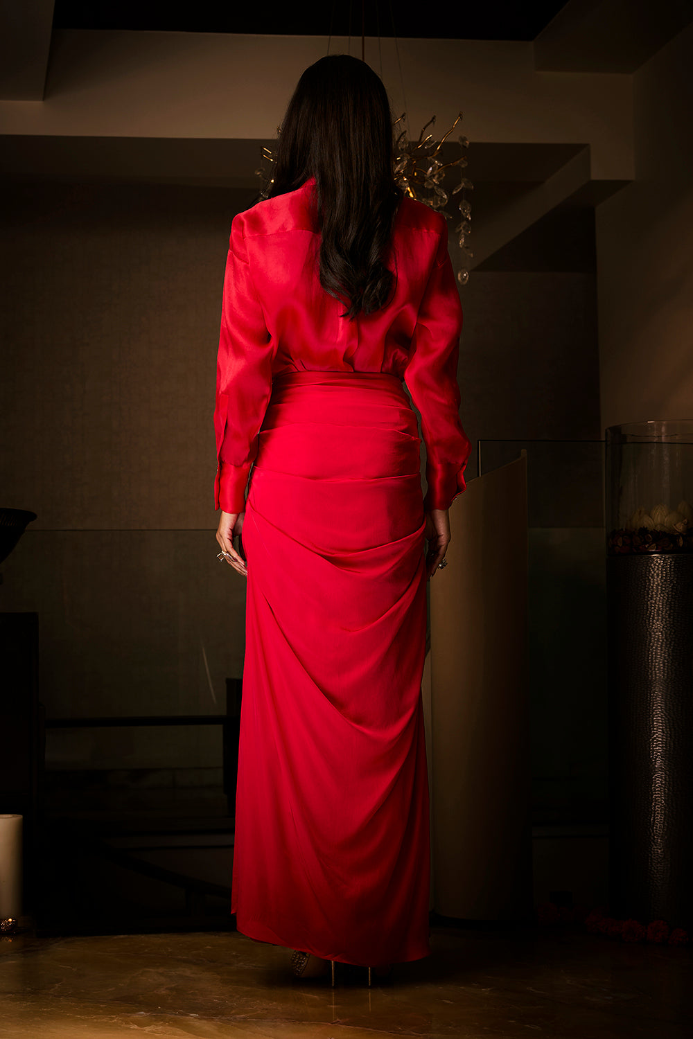 Sangria Silk Satin Cowl Skirt Paired with an Organza Shirt