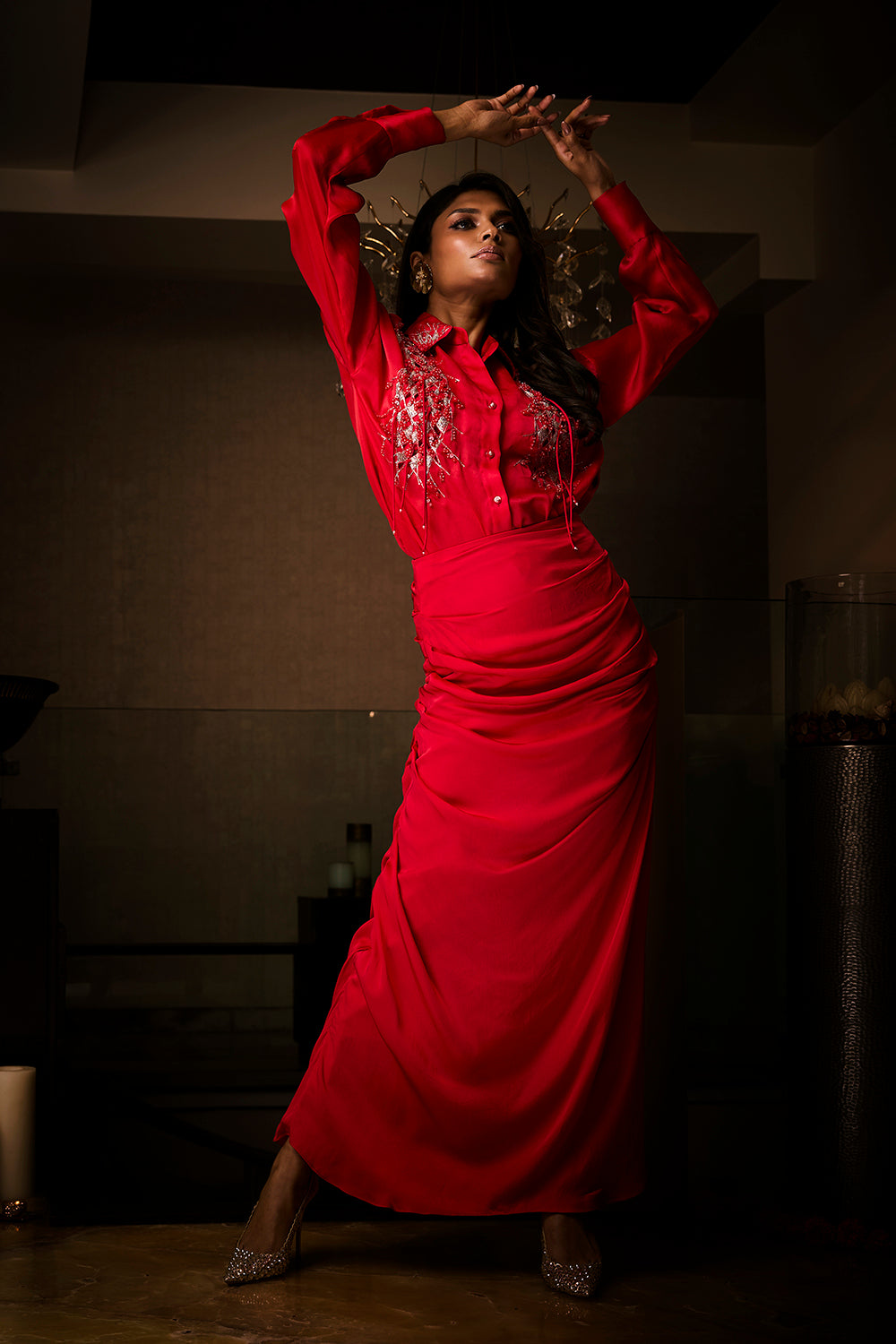 Sangria Silk Satin Cowl Skirt Paired with an Organza Shirt