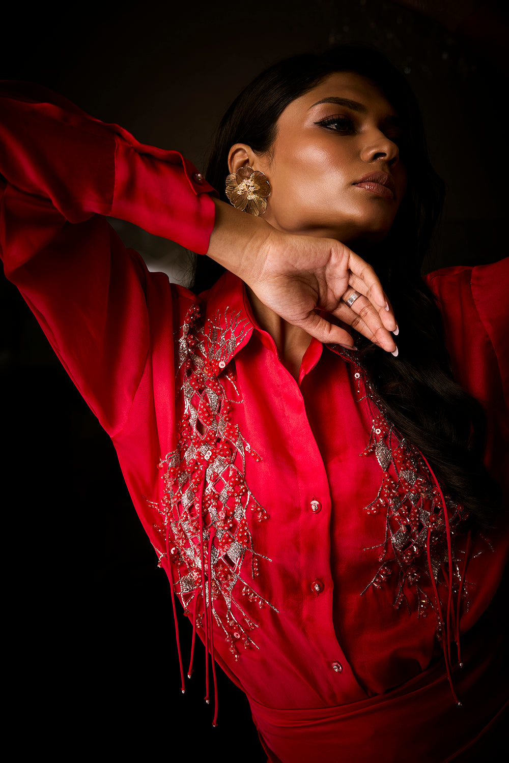 Sangria Silk Satin Cowl Skirt Paired with an Organza Shirt