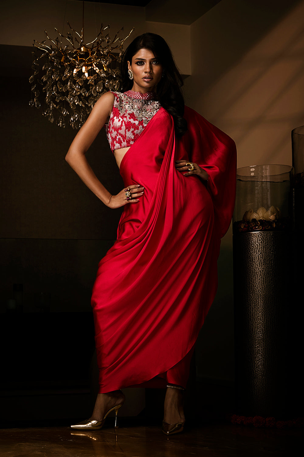 Sangria Silk Satin Pre-Draped Saree