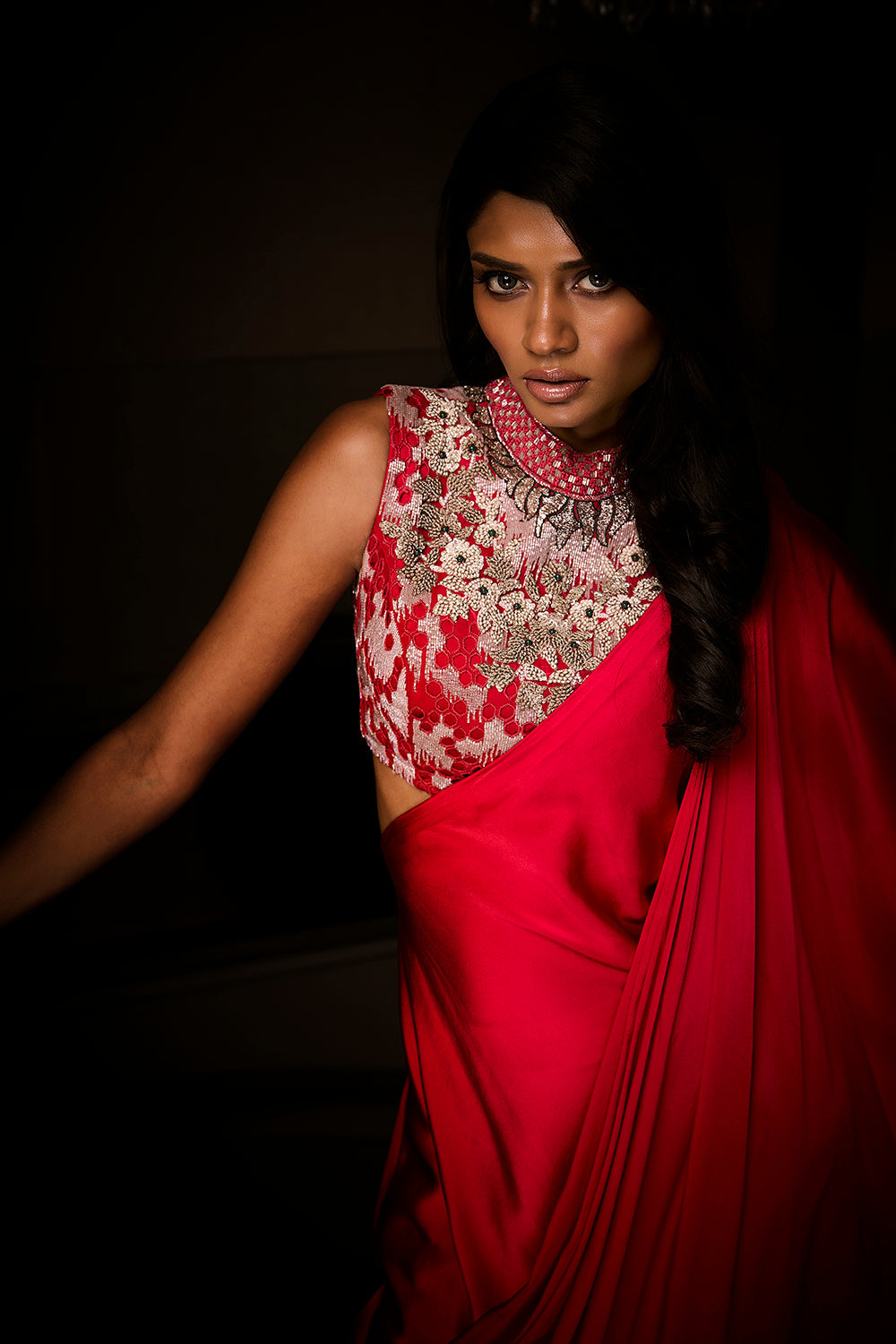 Sangria Silk Satin Pre-Draped Saree