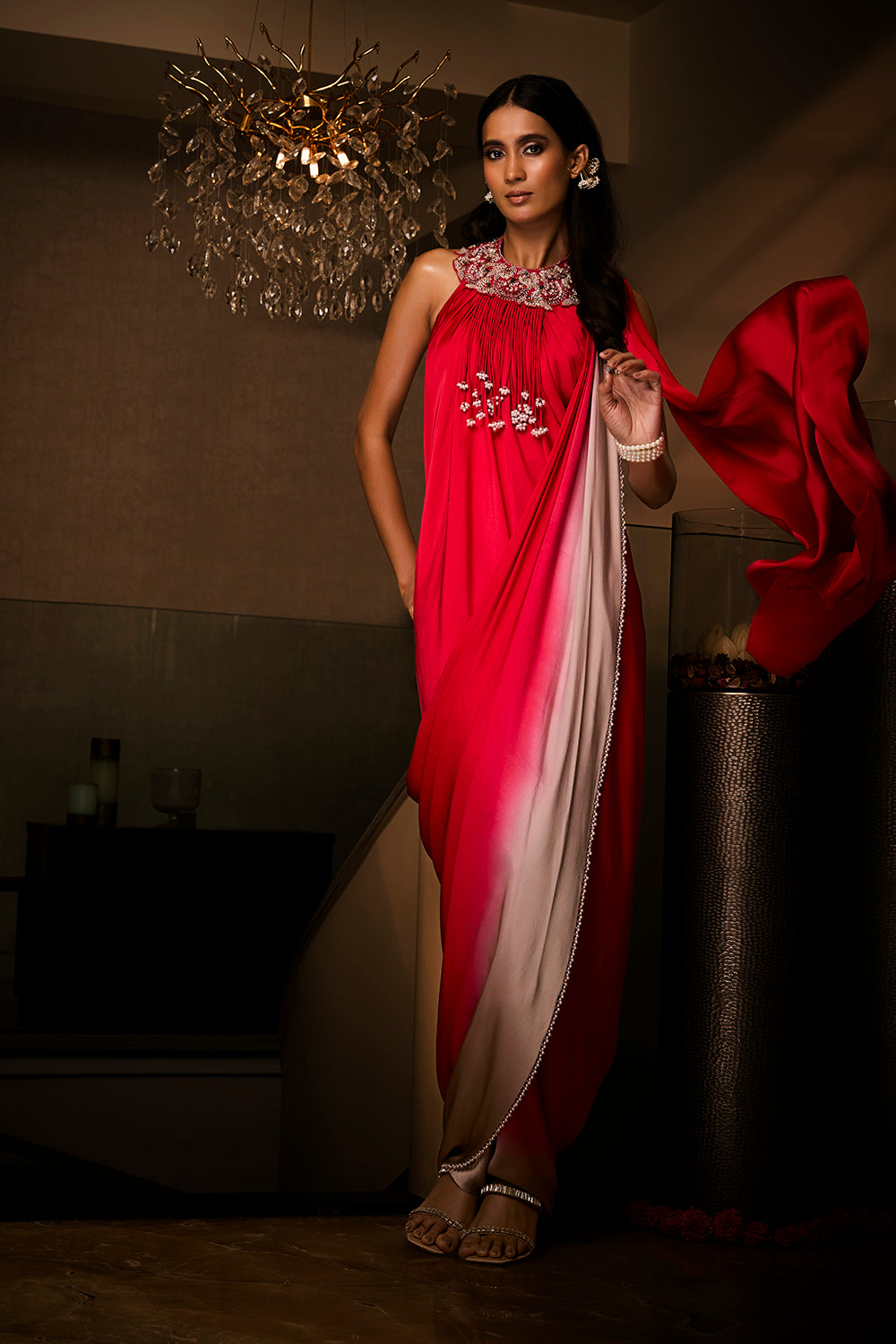Sangria Silk Satin Pre-Draped Saree Gown