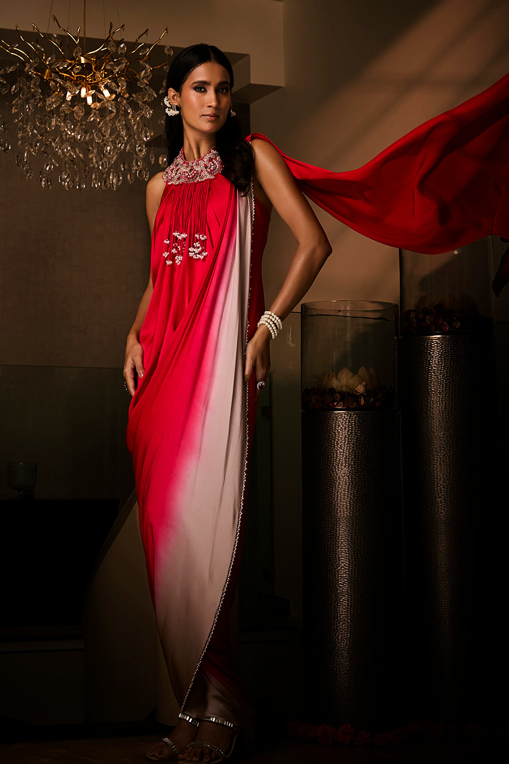 Sangria Silk Satin Pre-Draped Saree Gown