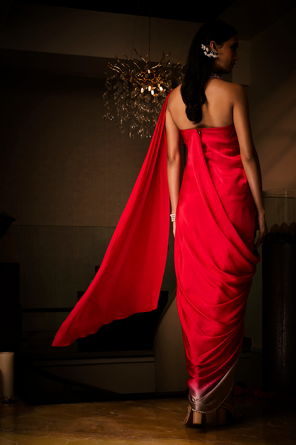 Sangria Silk Satin Pre-Draped Saree Gown