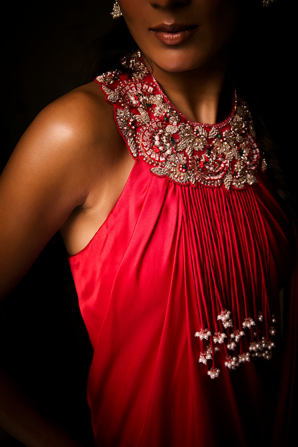 Sangria Silk Satin Pre-Draped Saree Gown