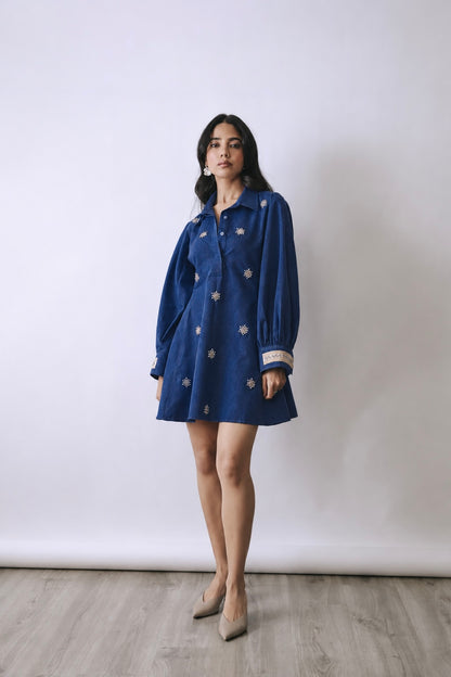 Deep Indigo Pearl Bloom Mini Dress