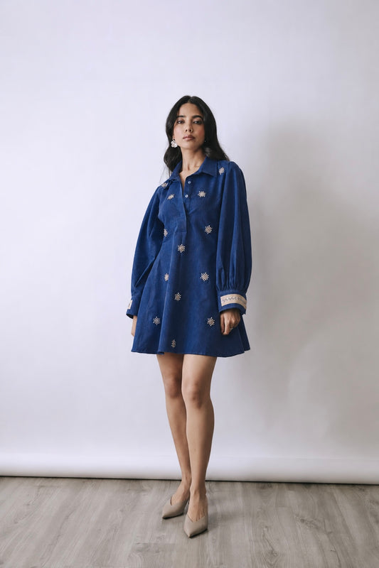 Deep Indigo Pearl Bloom Mini Dress