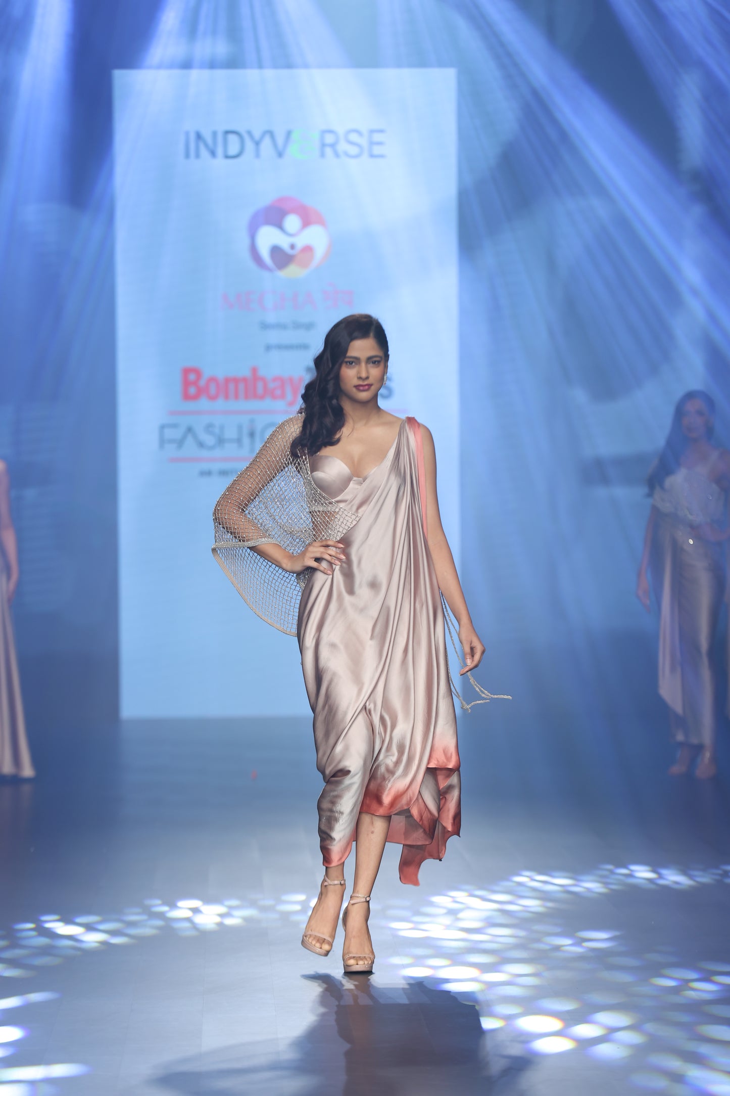 Ombre draped saree dress with a bralette and pearl detailing on mesh throw.