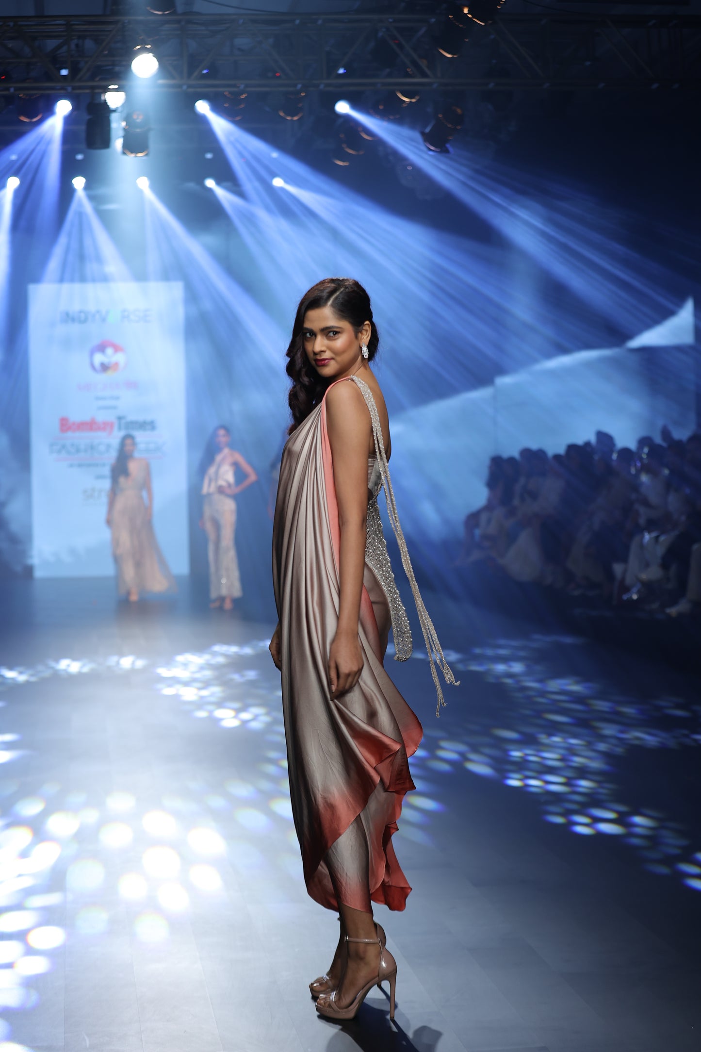 Ombre draped saree dress with a bralette and pearl detailing on mesh throw.