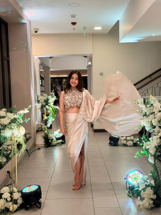Nisha Agarwal in Ivory Cascade Pre-Draped Saree Set
