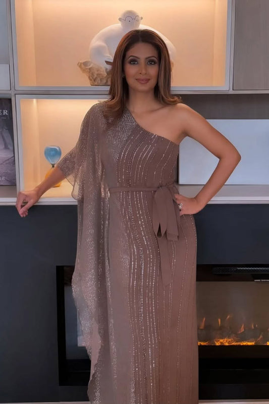 Geeta Basra in One Shoulder Kaftan Gown