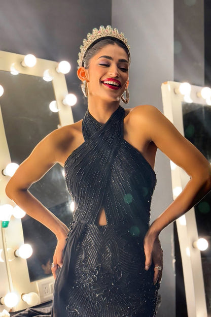 Shweta Sarda in Noir Tulle Fishtail Gown