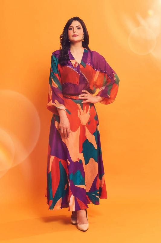 Zareen Khan in Organza Printed Shirt with a Bralette and Printed Flared Skirt