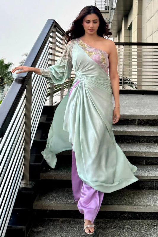 Daisy Shah in One Shoulder Longline Drape Jumpsuit