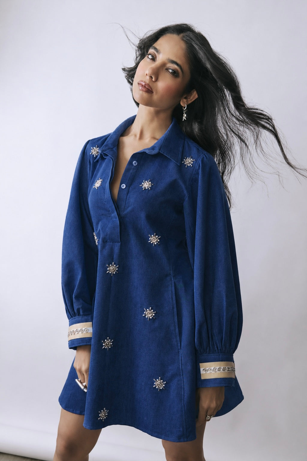 Deep Indigo Pearl Bloom Mini Dress