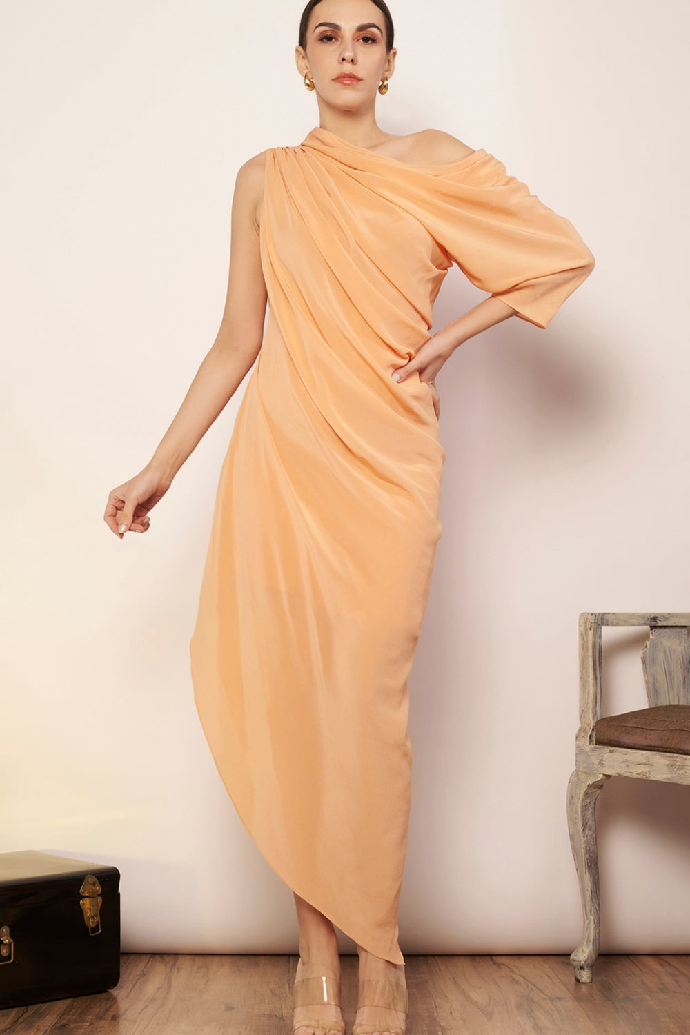 Peach fuzz one shoulder dress.