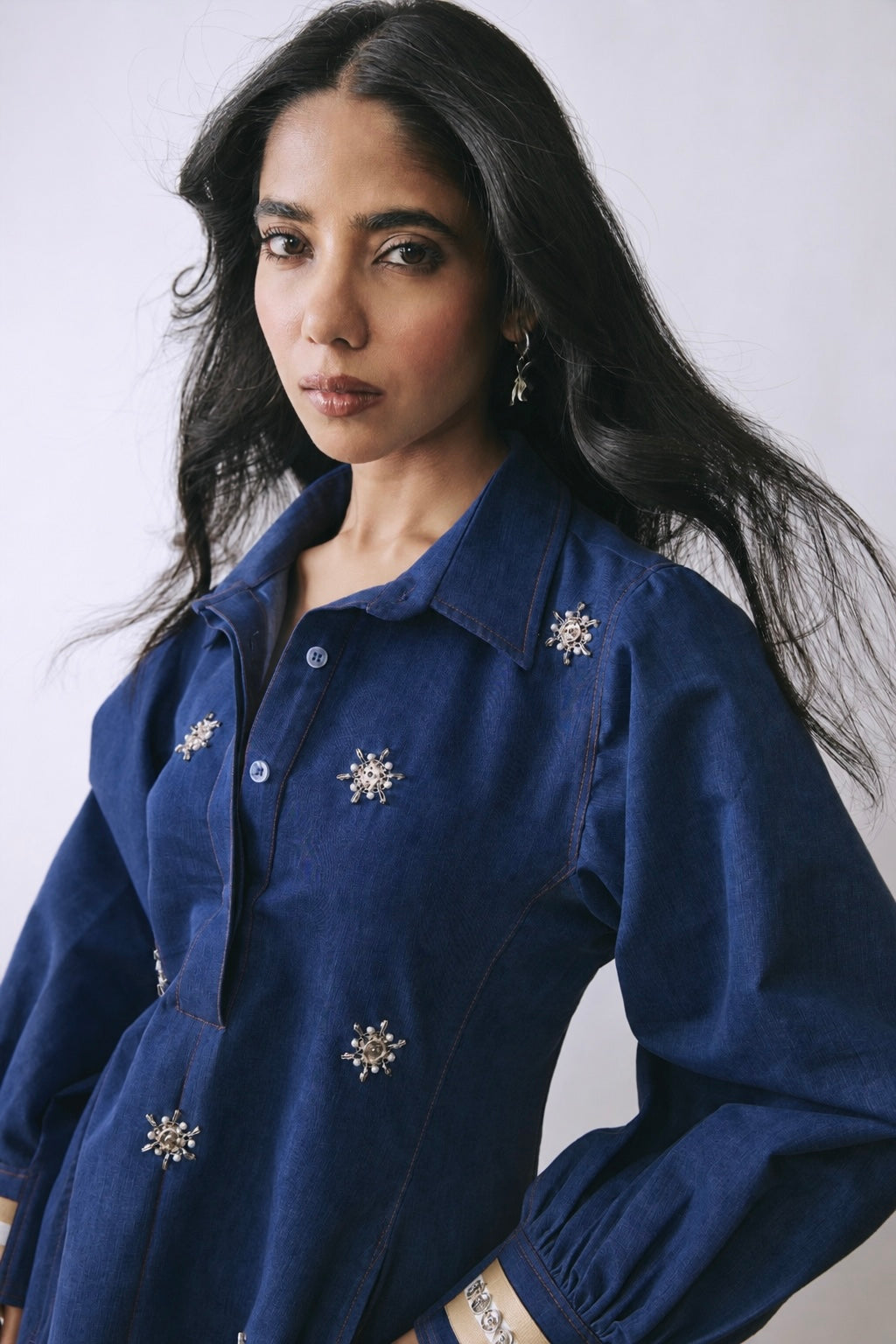 Deep Indigo Pearl Bloom Mini Dress