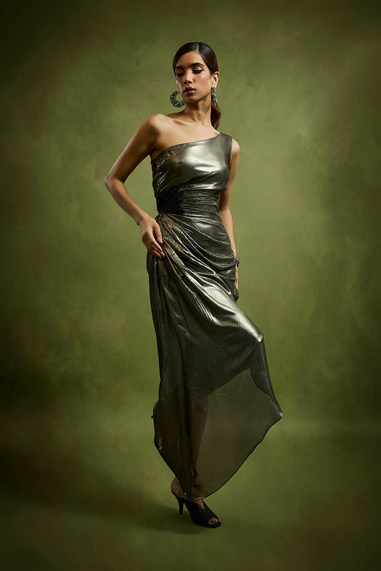 One Shoulder Pleated Metallic Foil Dress