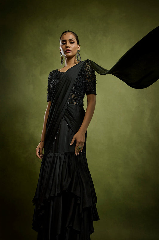 Gilded Crystal Bodysuit Drape Saree
