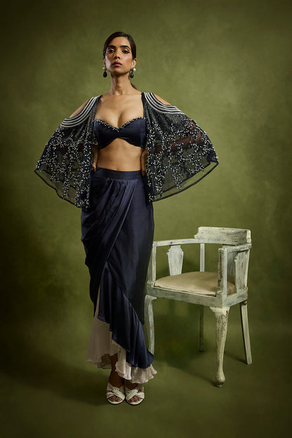 Drape Skirt Ensemble with A Pearl Encrusted Cape