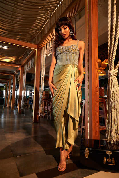 Sage Green draped corset dress with pearl embroidery.