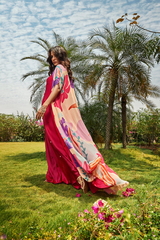 Foral Printed Cape Paired with Cerise Pink Bias Dress