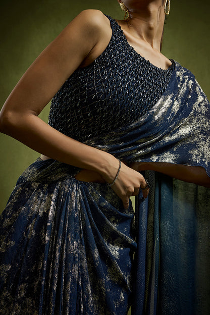Midnight Blue Gold Foiled Saree