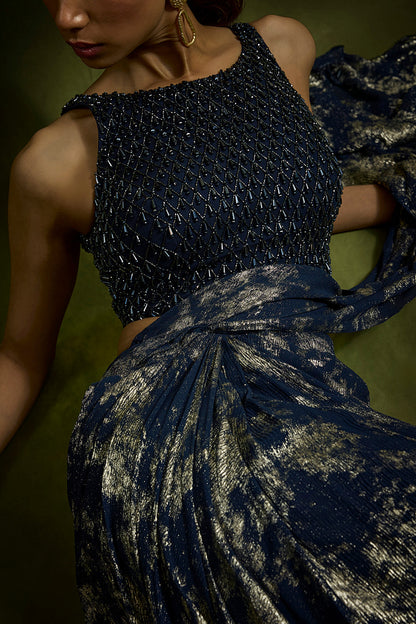Midnight Blue Gold Foiled Saree
