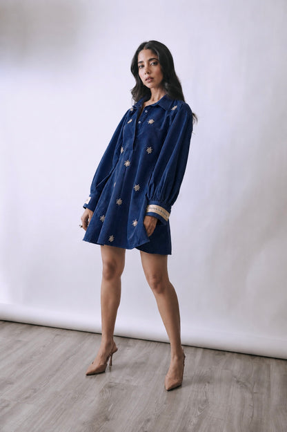 Deep Indigo Pearl Bloom Mini Dress