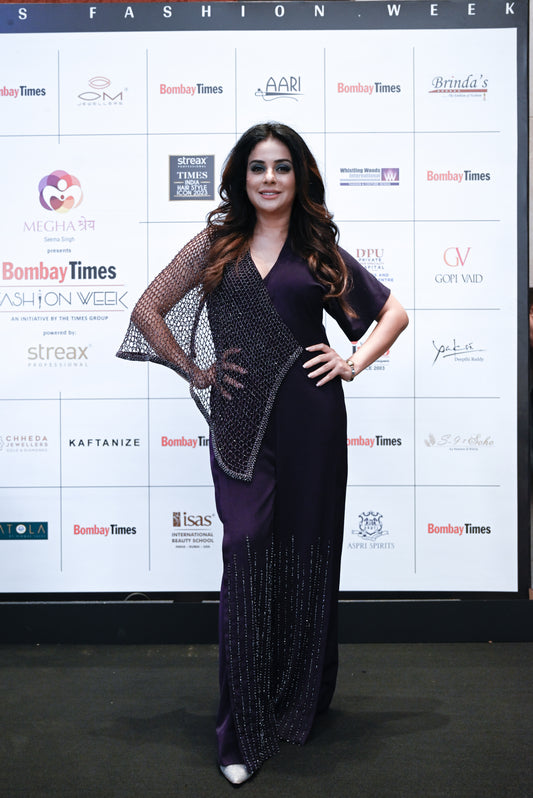 SARA ARFEEN KHAN IN IMPERIAL PLUM CREPE JUMPSUIT