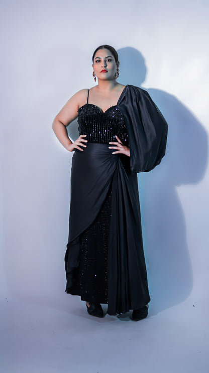 SAKSHI SINDHWANI IN CYRSTAL NOIR CAPE GOWN