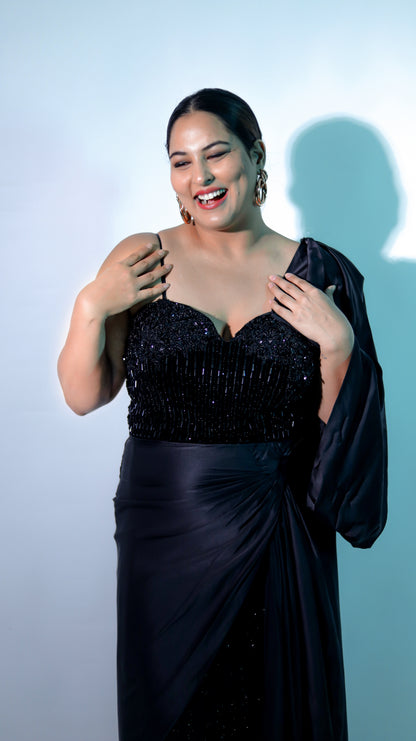SAKSHI SINDHWANI IN CYRSTAL NOIR CAPE GOWN