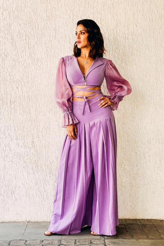 Sunny Leone in Iridescent Lavender Cropped Jacket With  Trousers