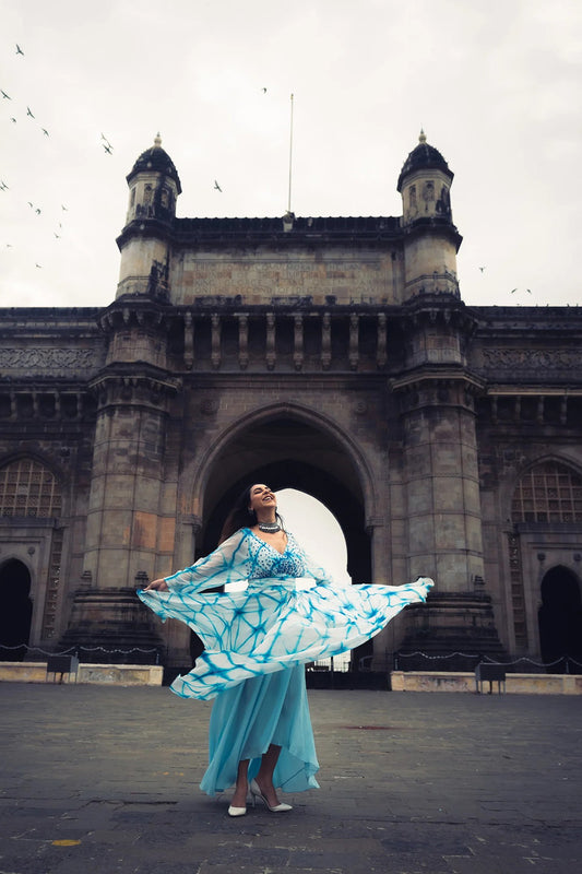 Sanya Malhotra and Aanam C in Blue Tie-Dye Silk Maxi Dress