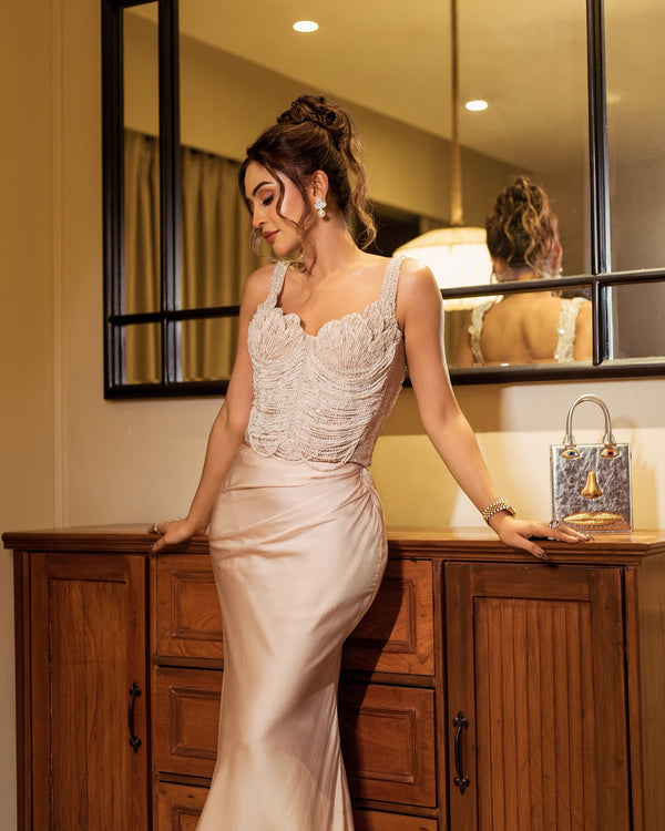 KRYSTAL DSOUZA IN IVORY PEARL SKIRT SET