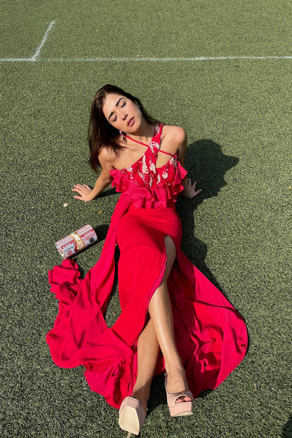 Sukhmani Gambhir and Akriti Rana in One Shoulder Scarlet Red High-Slit Ruffle Detailed Gown