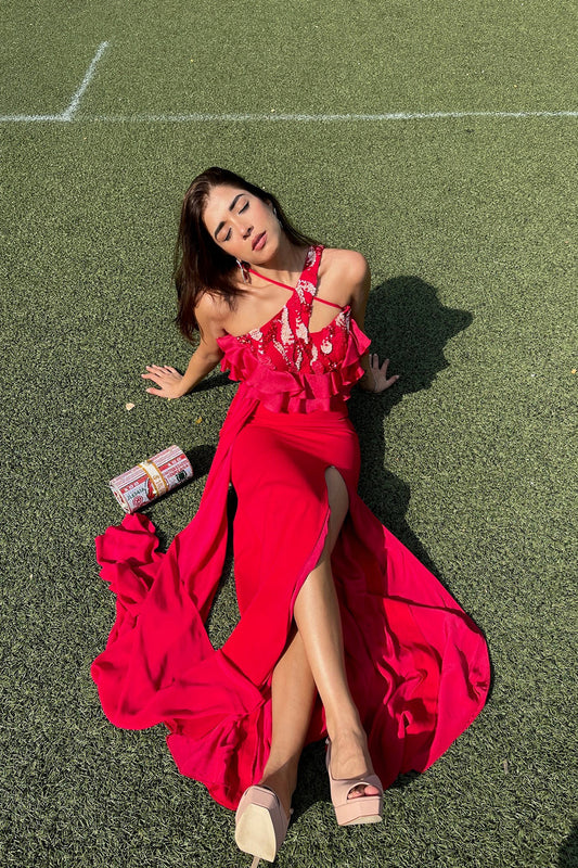 Sukhmani Gambhir and Akriti Rana in One Shoulder Scarlet Red High-Slit Ruffle Detailed Gown