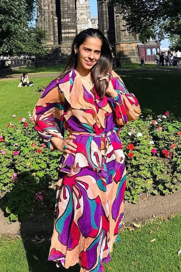 Saina Nehwal in Printed Overlap Shirt With Bralette and Printed Flared Skirt