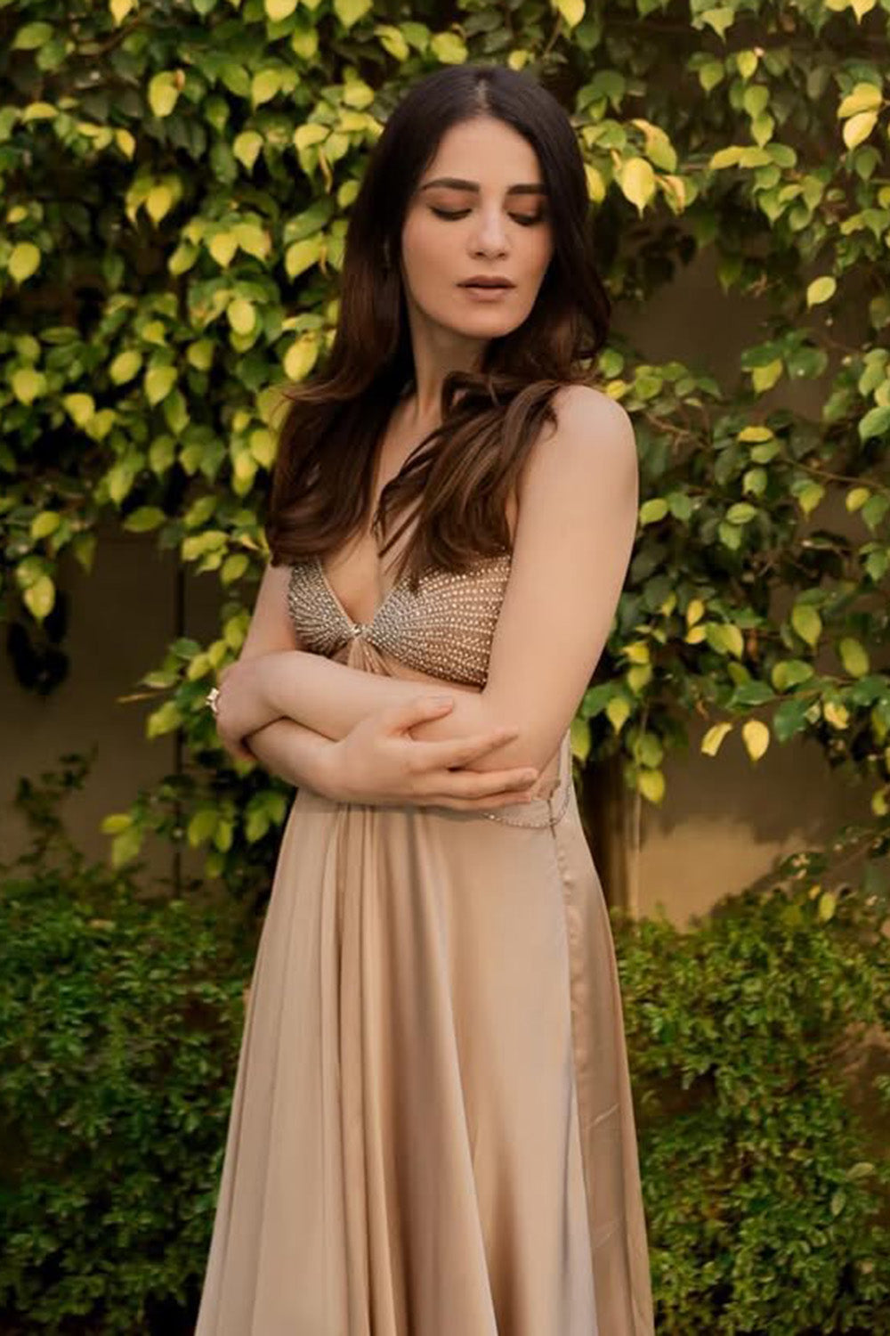 Radhika Madan in Taupe Maxi Dress with Cut-Outs and Intricate Hand Embroidery