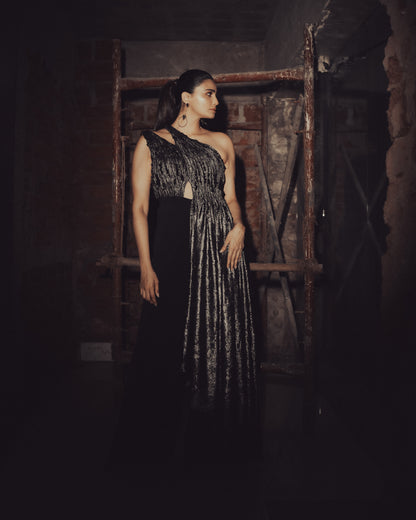 Daisy Shah in Molten Gold Drape Jumpsuit