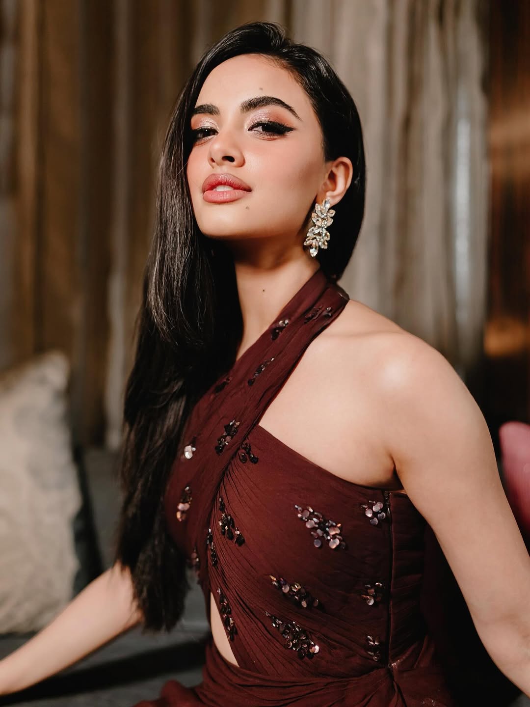 Rhea singha in Wine Cascade Draped Gown