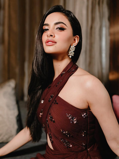 Rhea singha in Wine Cascade Draped Gown