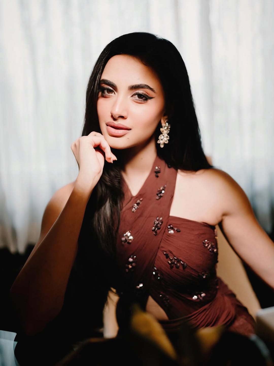 Rhea singha in Wine Cascade Draped Gown