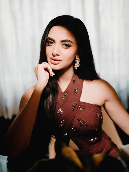 Rhea singha in Wine Cascade Draped Gown