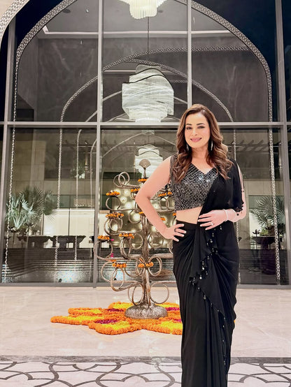 Neelam Kothari in Velvet Noir Ruffle Saree Set