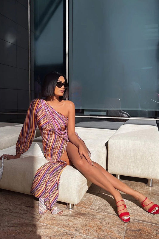Priyanca Talukdar in Yellow Printed One Shoulder High-Slit Overlay Maxi Dress