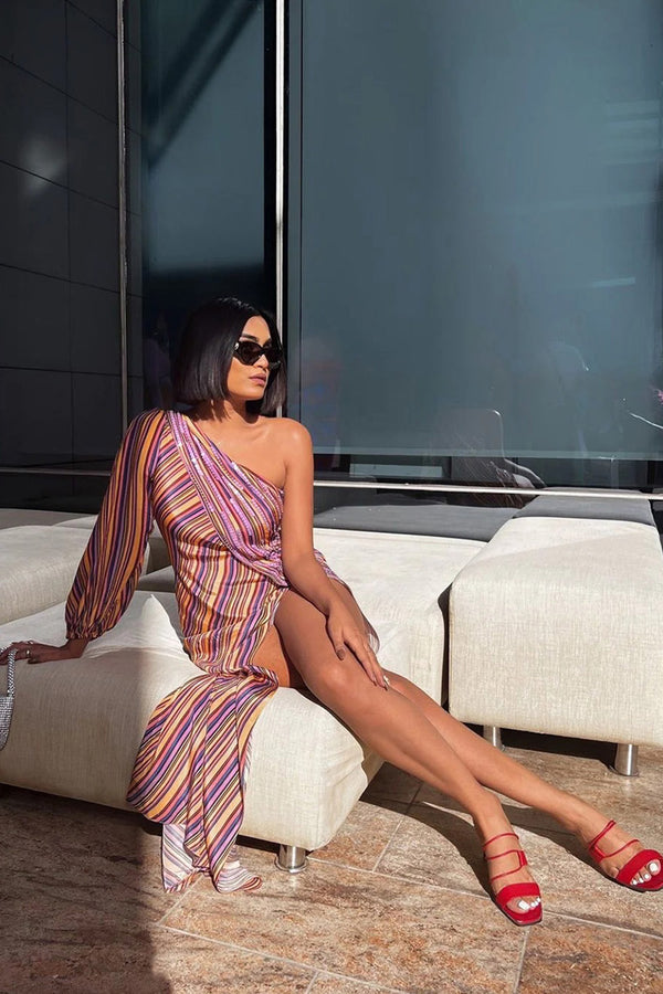 Priyanca Talukdar in Yellow Printed One Shoulder High-Slit Overlay Maxi Dress