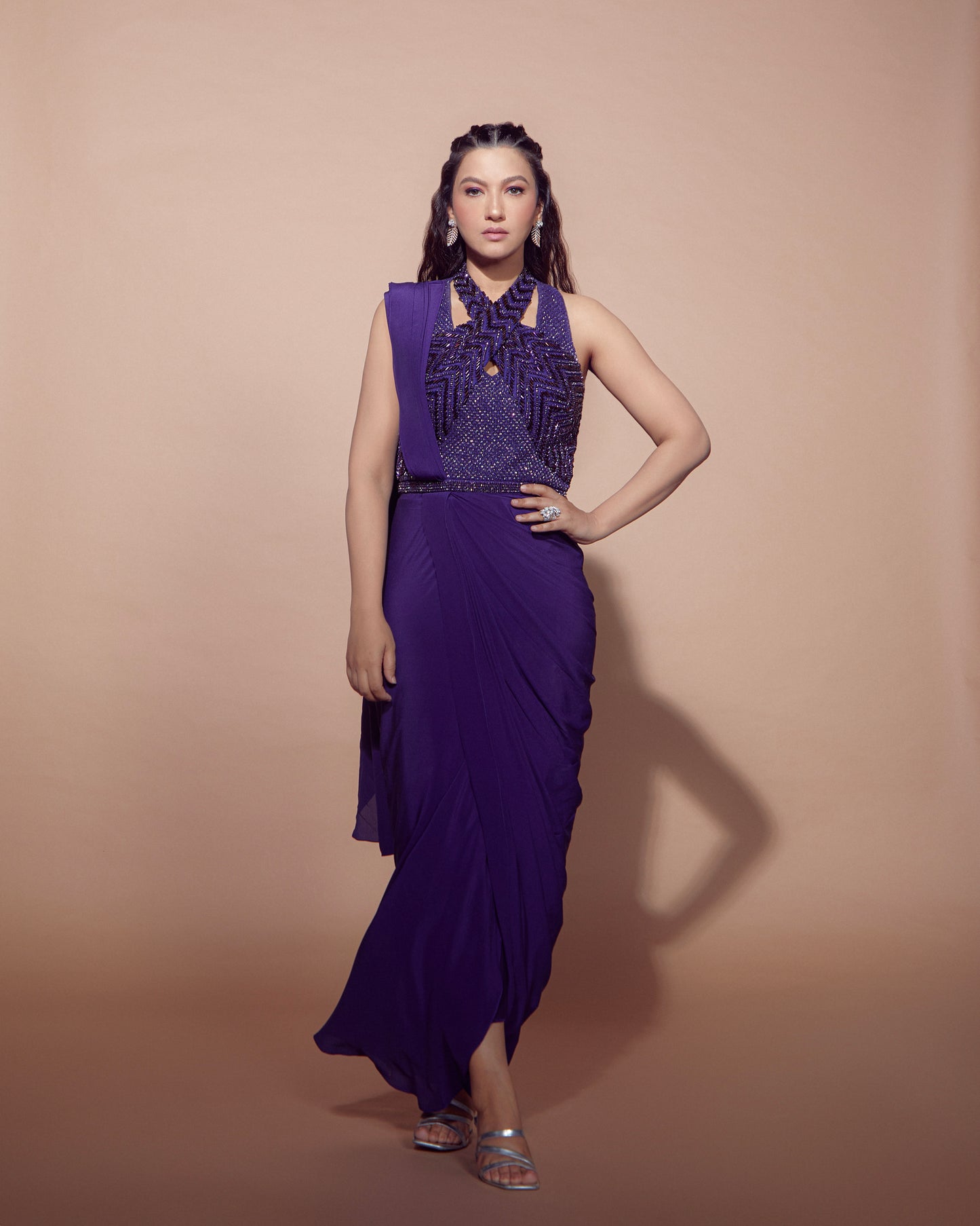 GAUHAR KHAN IN IMPERIAL ORCHID SAREE GOWN