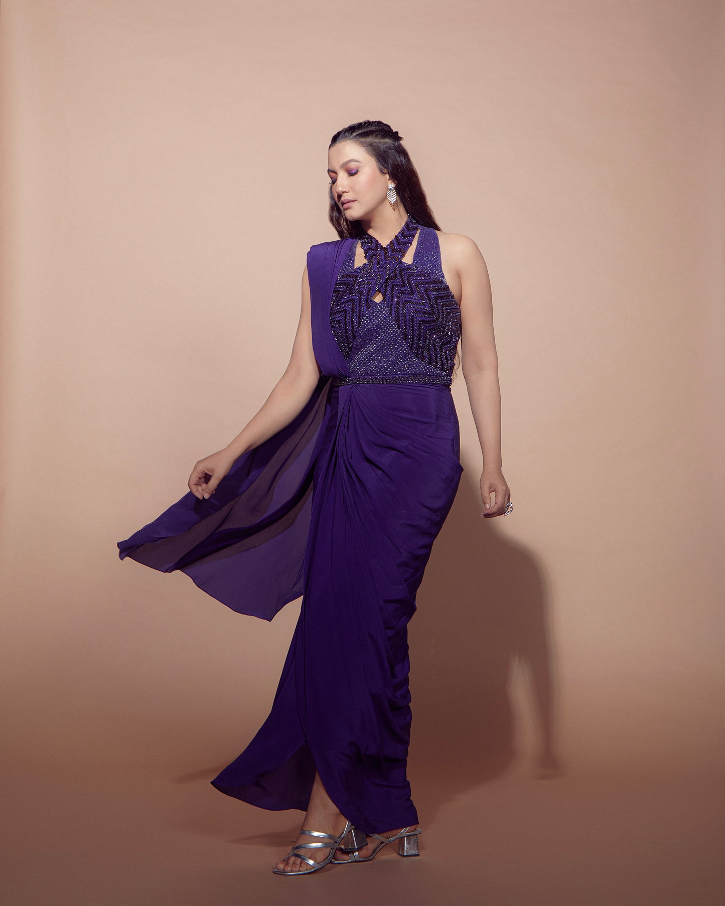 GAUHAR KHAN IN IMPERIAL ORCHID SAREE GOWN