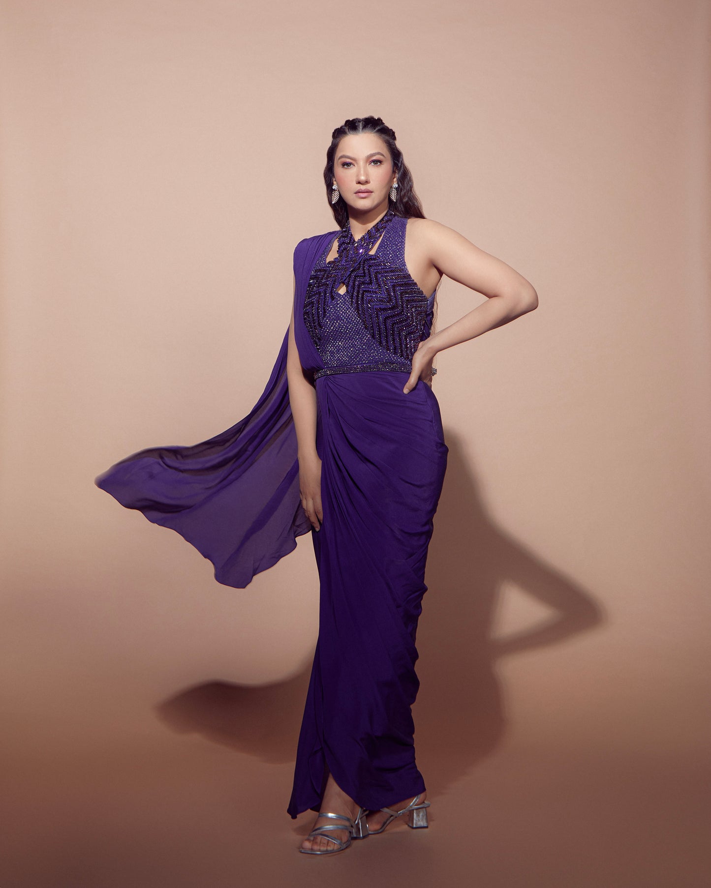 GAUHAR KHAN IN IMPERIAL ORCHID SAREE GOWN